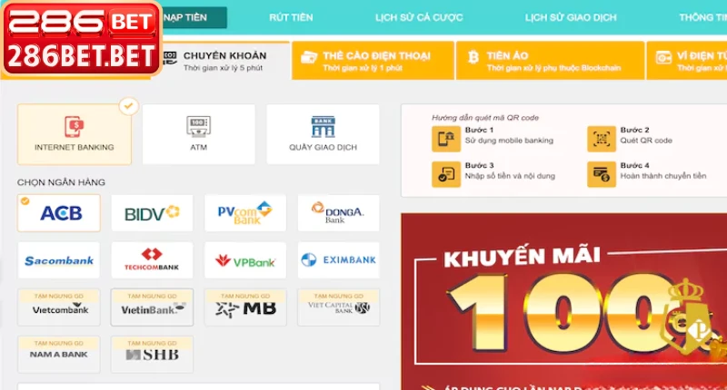 Các phương thức nạp tiền 286BET nhanh nhất hiện nay